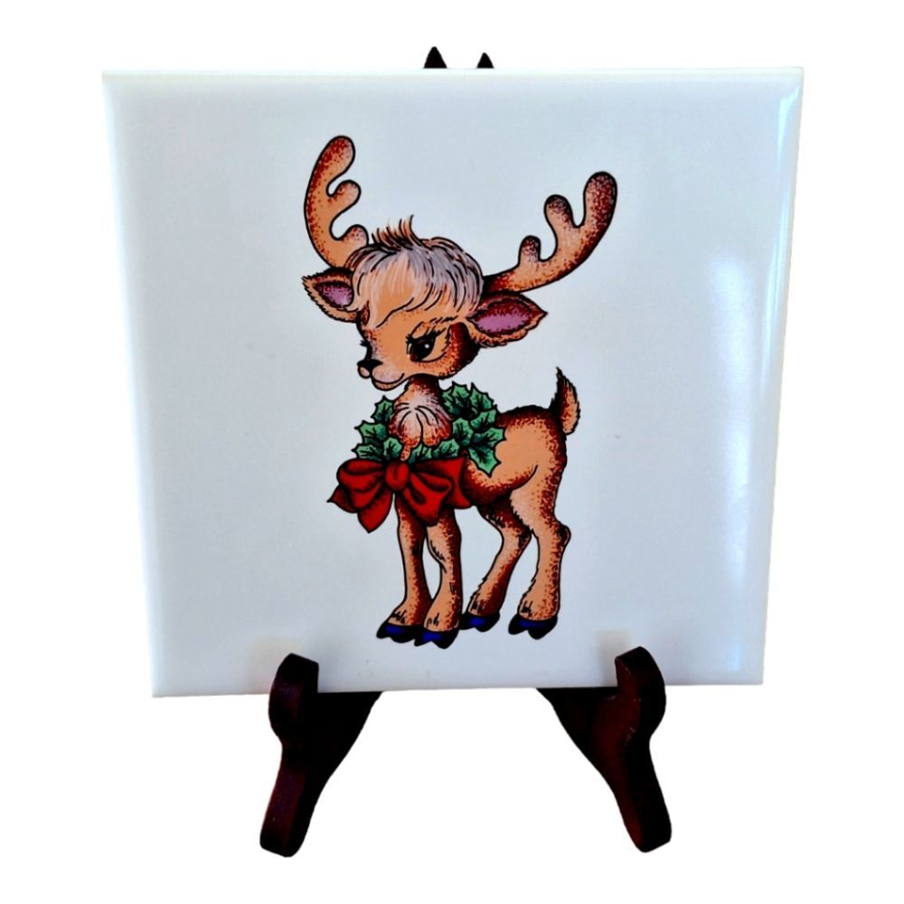 Vintage Tile Trivet England Christmas Baby Deer Fawn Reindeer H & R Johnson